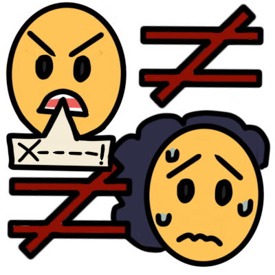 in the top left is a glaring yellow face with a censored word, representing a slur, in a speech bubble coming from their mouth. in the bottom right is a frightened face with a dark cloud behind it. in the top right and bottom left is a dark red 'does not equal' sign.